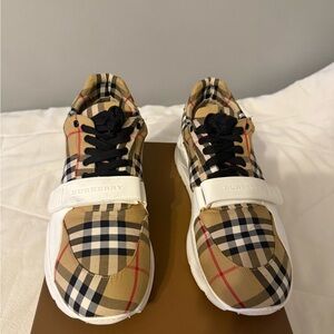 Burberry Tan and Black Sneakers with Iconic Check Pattern
